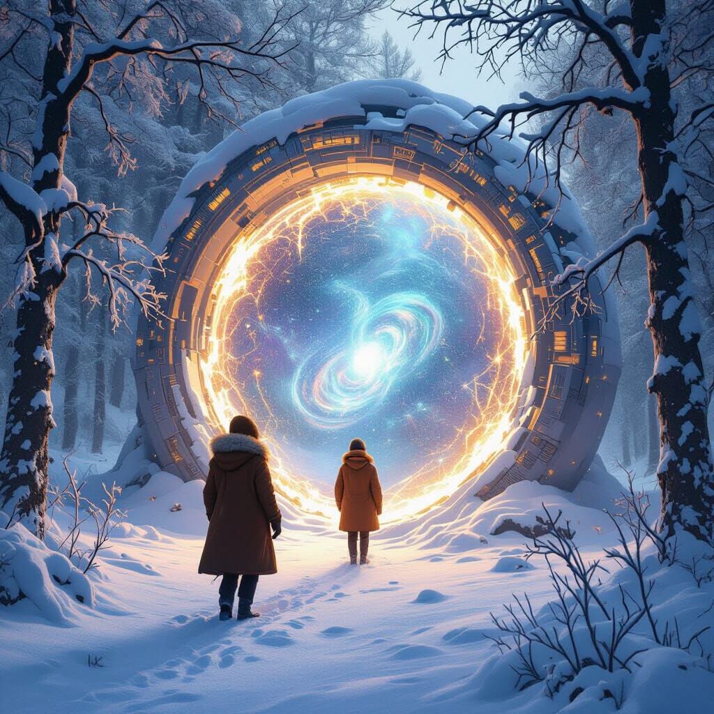 Shimmering Portal Beckons in Snowy Forest