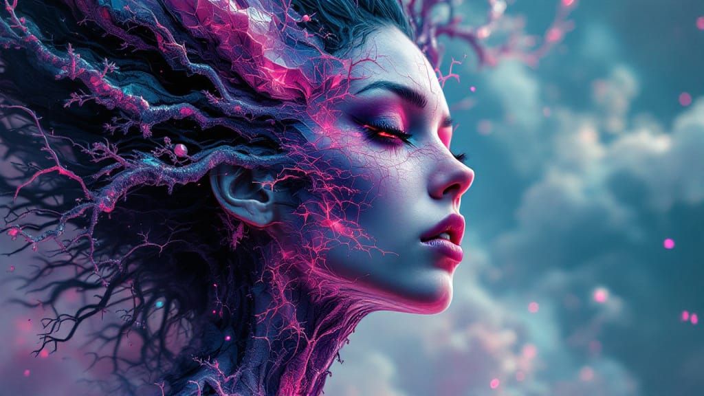 Fractal Iridescence Gothic Punk Rocker in Dream Landscape