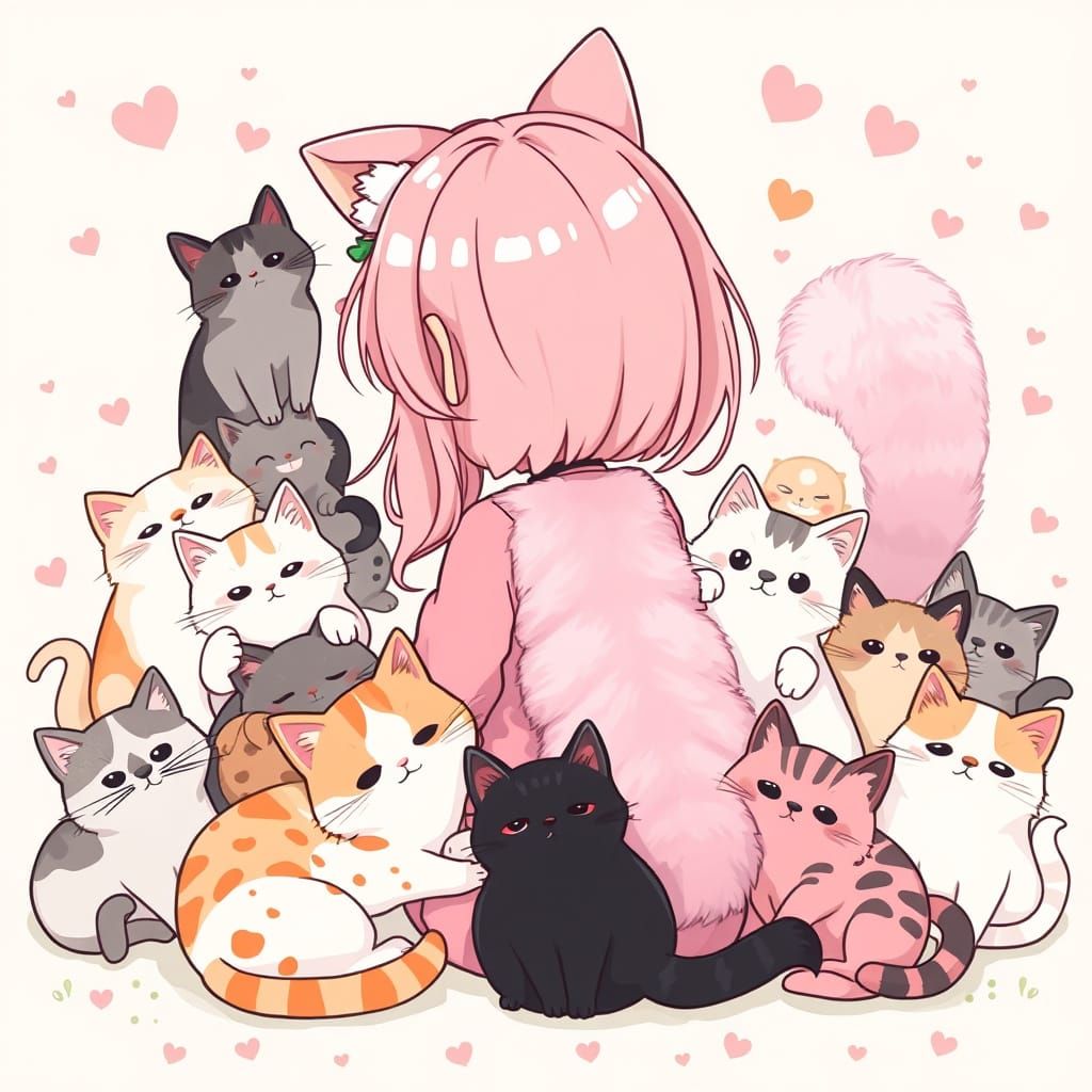 Kawaii Girl Surrounded by Playful Cats in Pastel Paradise