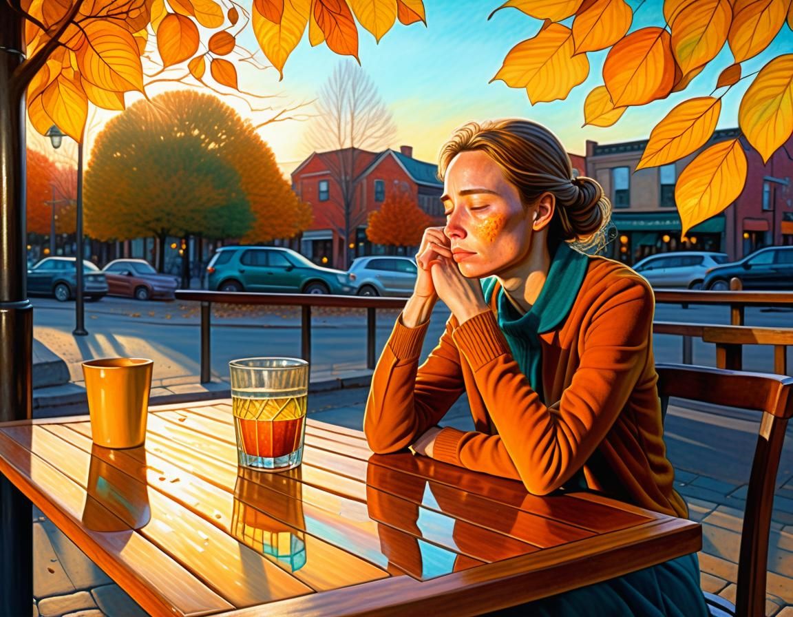 Melancholy Woman at Cafe: Autumn Sunset Painting