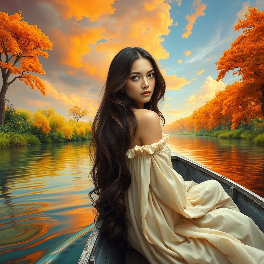 Ethereal River Scene with Tangerine Trees and Dreamy Skies