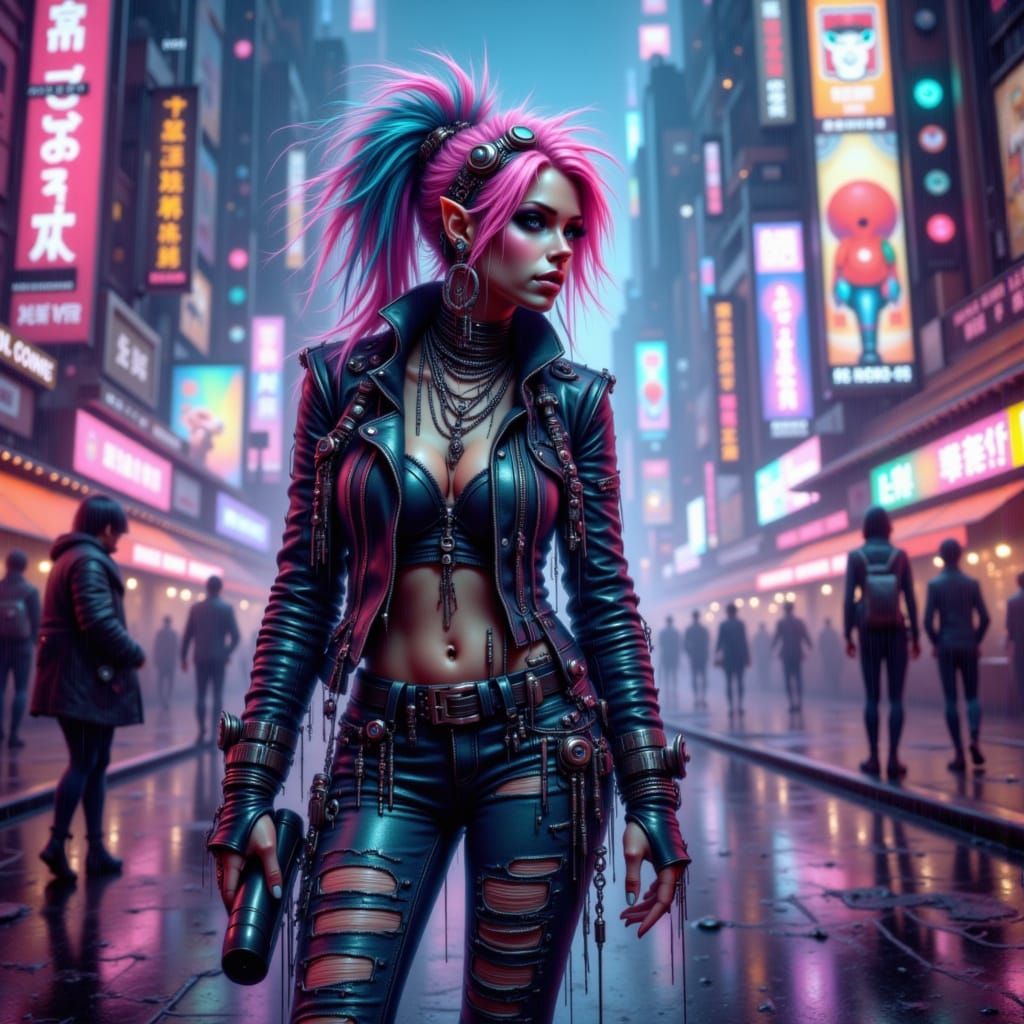 Cyberpunk Woman in Neon Cityscape