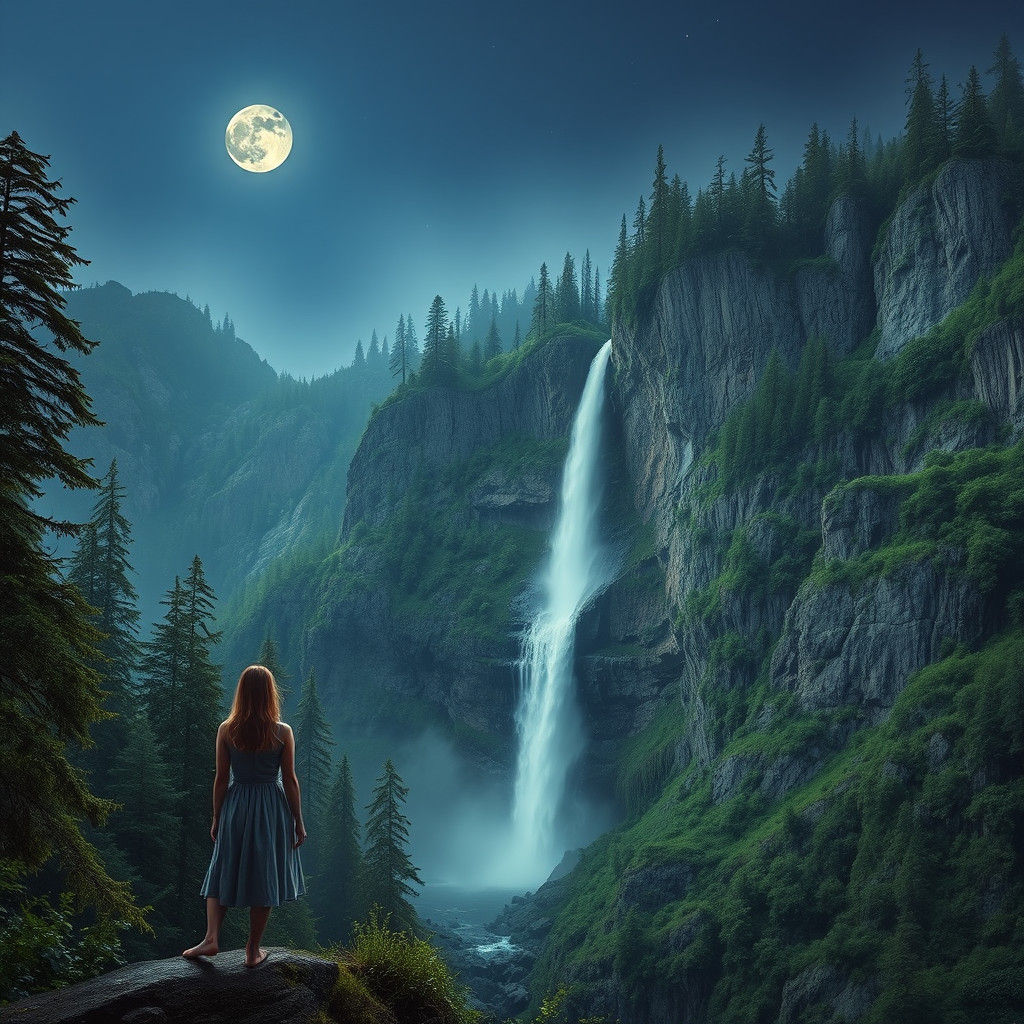 Woman Gazing at Moonlit Waterfall in Photorealistic Style