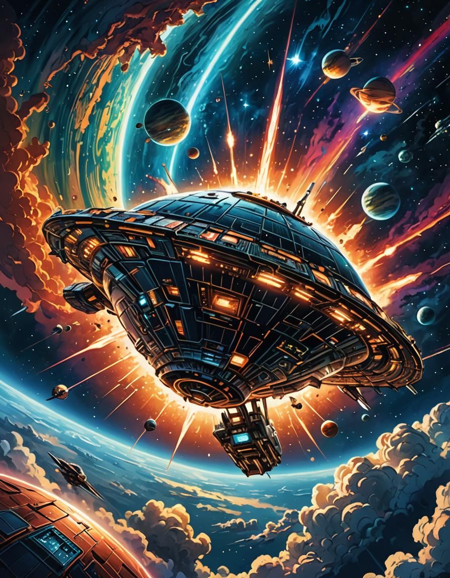 Spaceship Over Earth in Comic Book Art Style