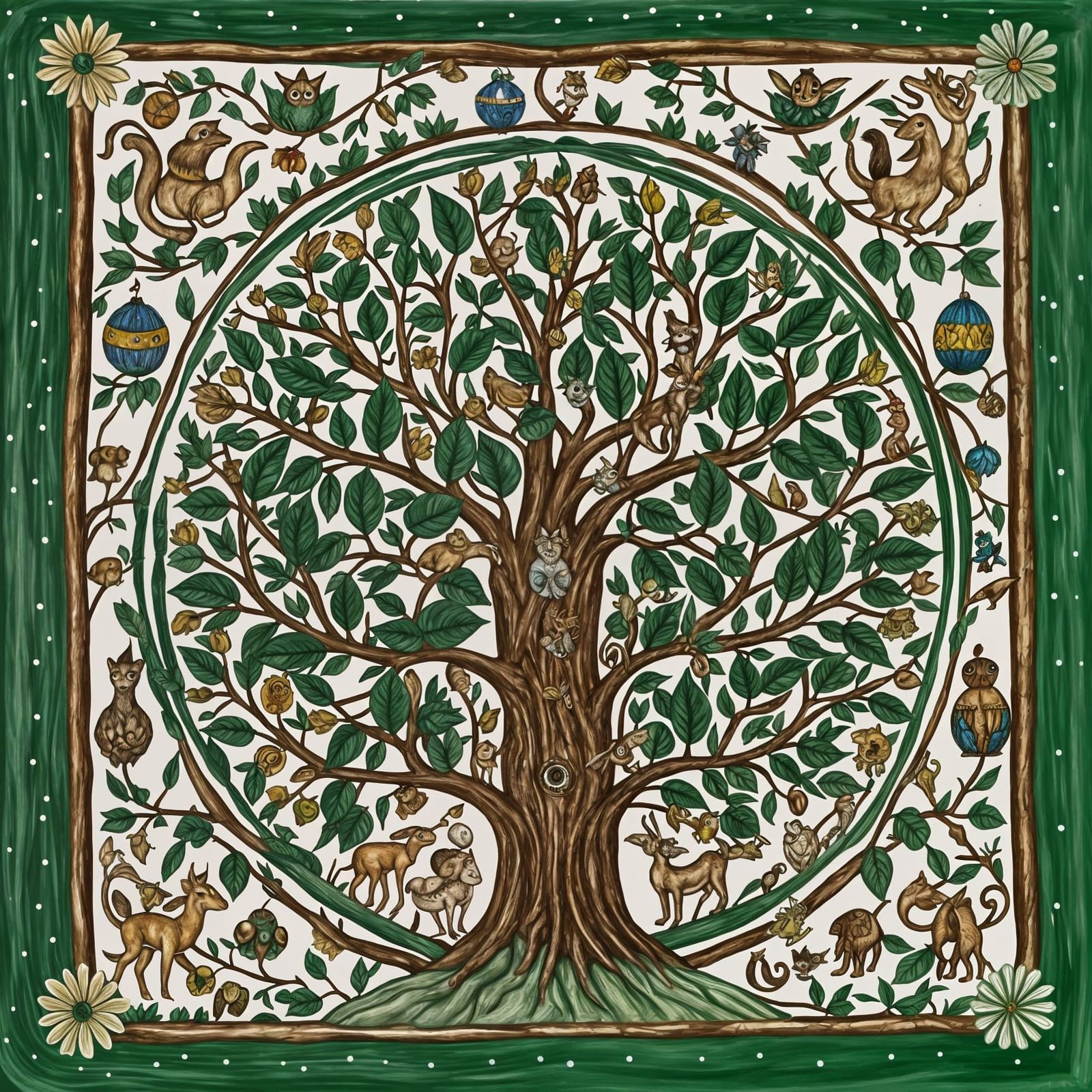 Tree of Life with Vibrant Creatures in Cartoon Style