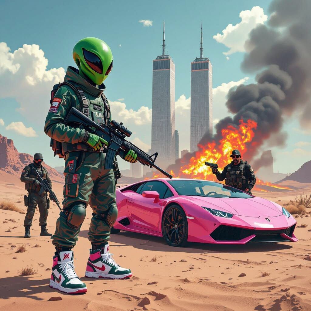 Dystopian Alien Scene with Burning Towers