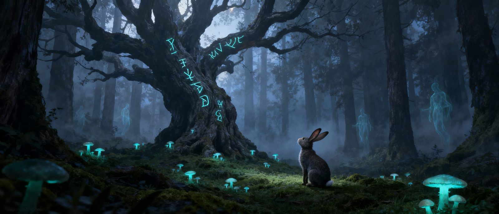 Mysterious Rabbit in Ethereal Forest Clearing