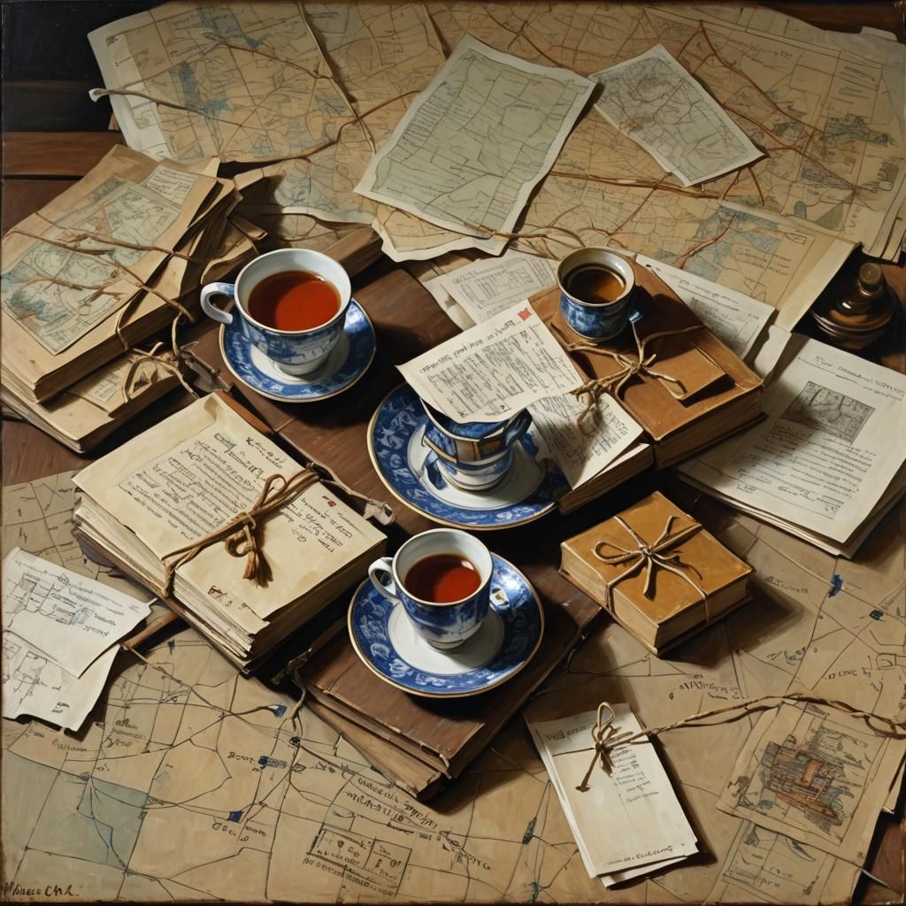 Still Life with Books and Teacup in Vermeer Style