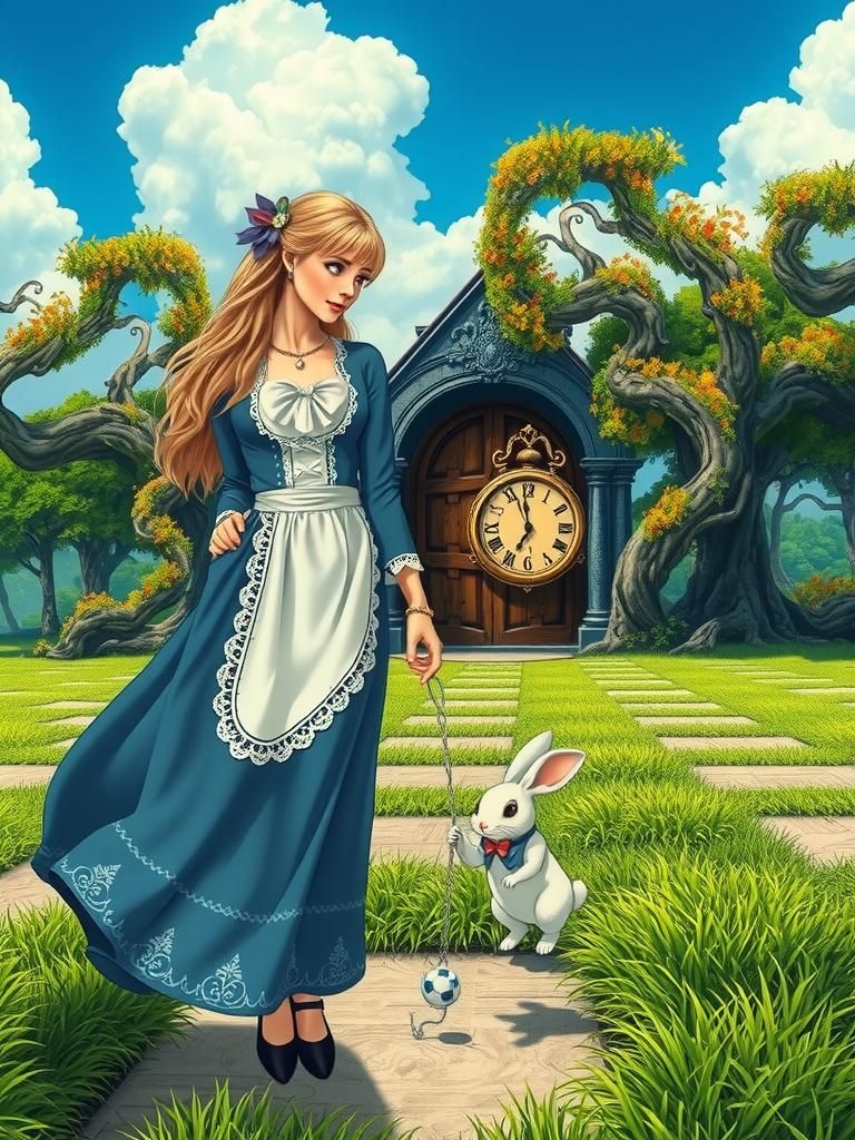 Woman and Rabbit in Dreamlike Landscape