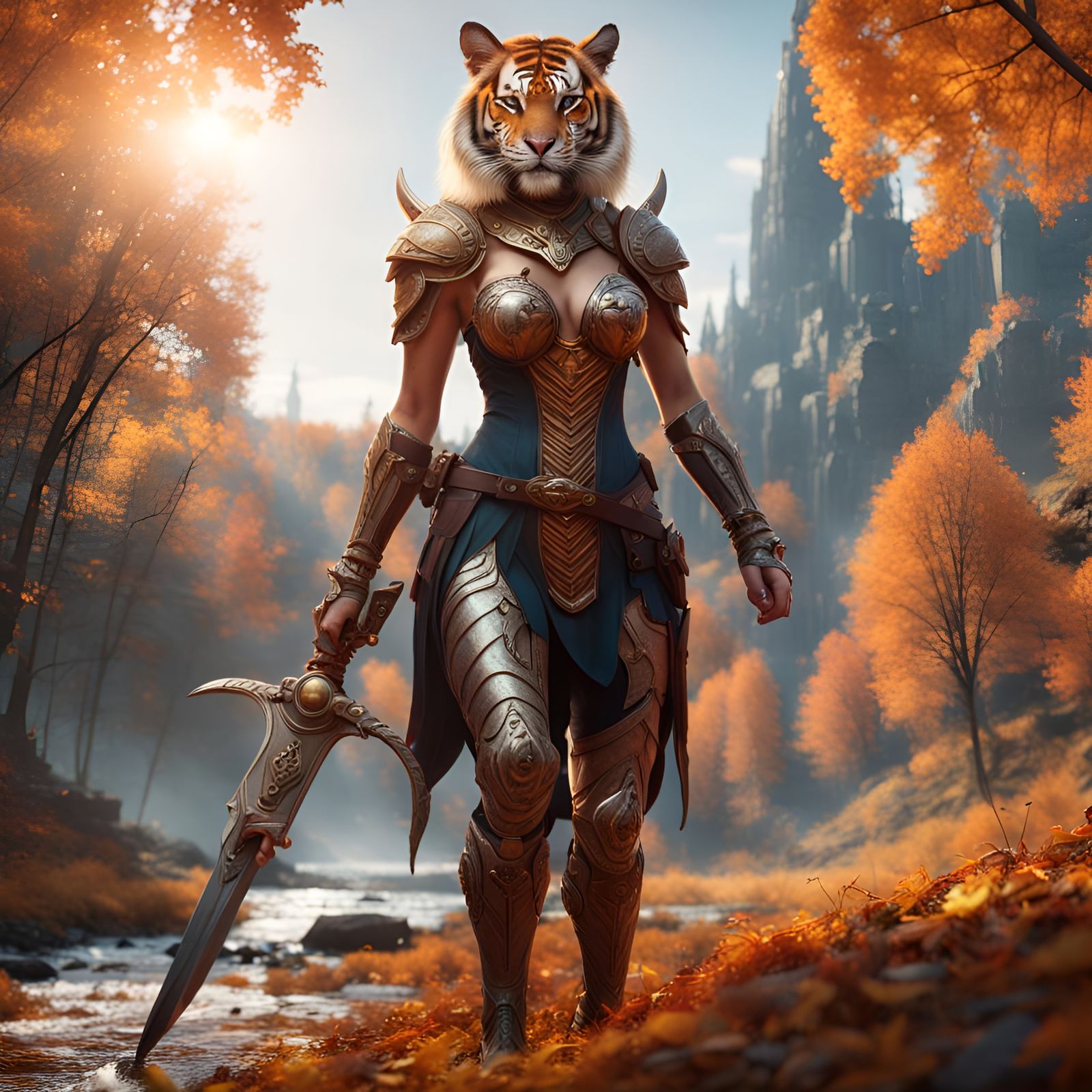 Sci-Fi Medieval Tiger Woman in Autumn