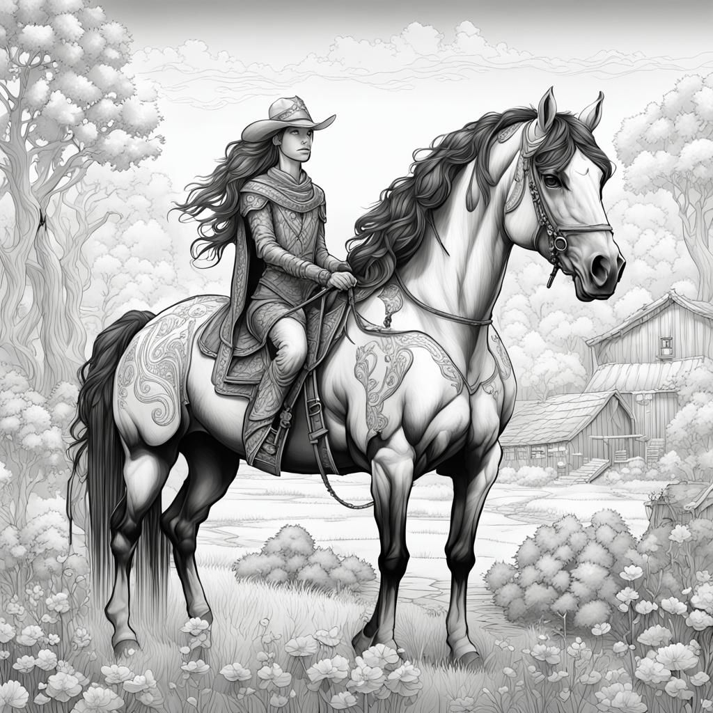 Horse Ranch Fantasy in Coloring Book Style