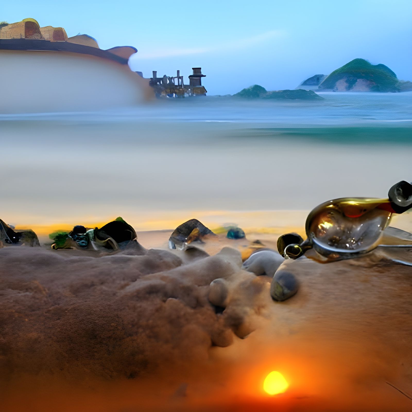 Steampunk Engine on Glass Sand Beach at Sunset