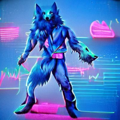 Synthwave Blue Wolf Character in Neon Retro Style