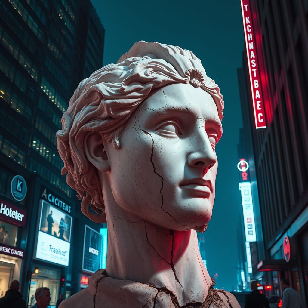 Colossal Marble Head in Dystopian Cityscape