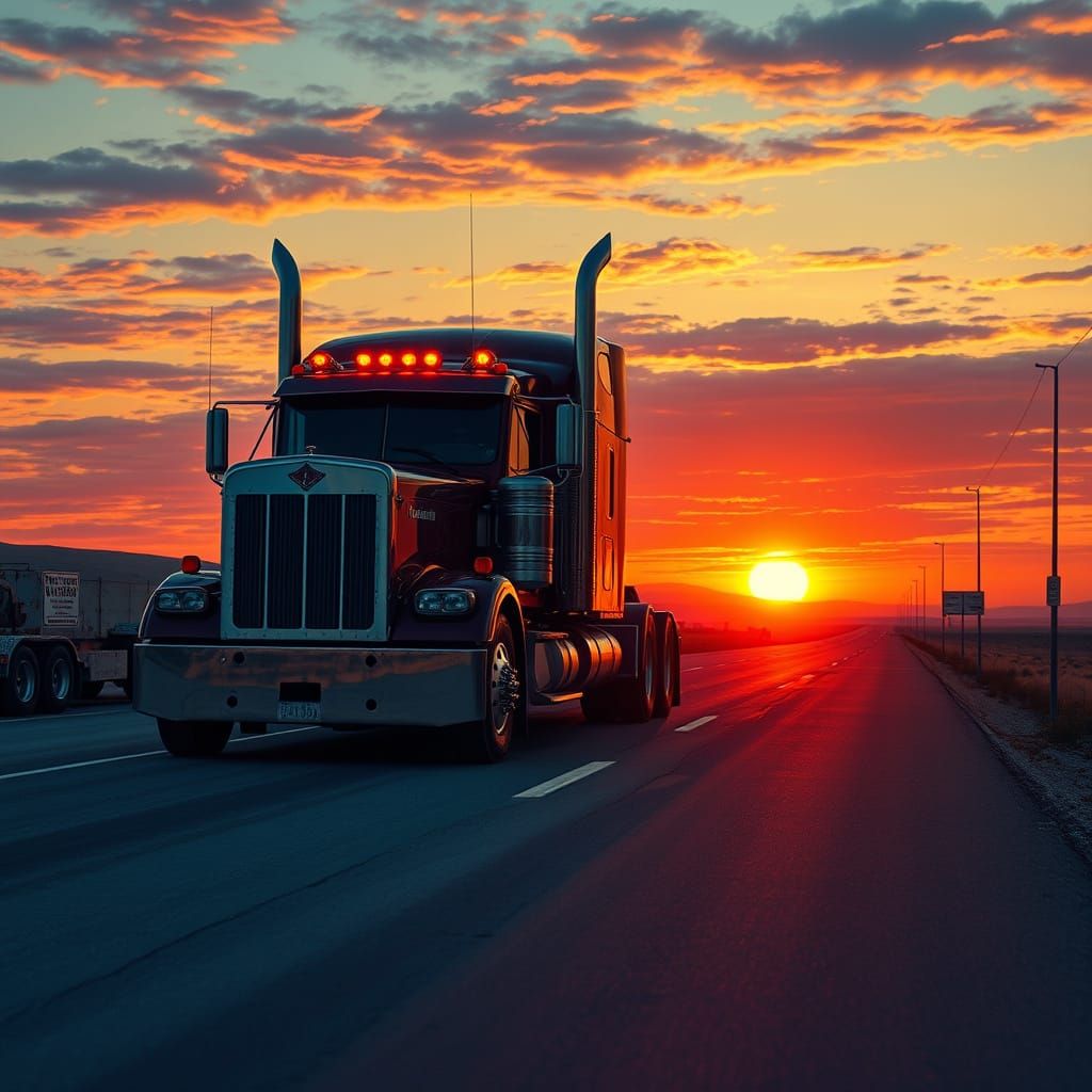 Retro-Futuristic Kenworth W900 Cruises Sunset Desert Highway