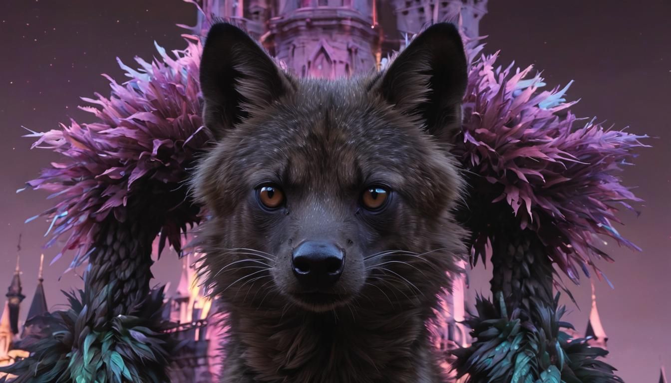 Surreal Eerie Castle at Night with Fierce Hyena Goddess