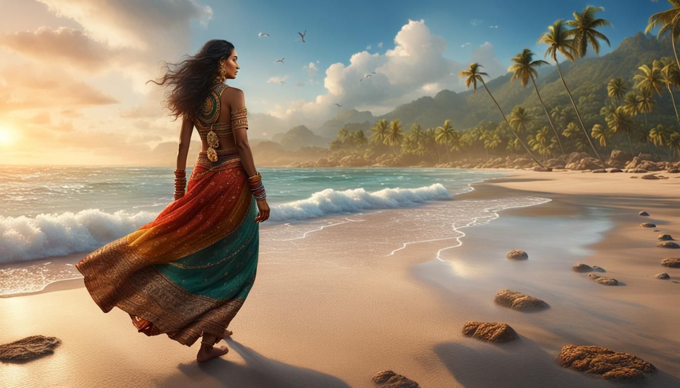Indian Woman Chakra Activation on Beach: Fantasy Art