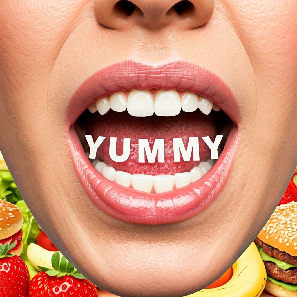 Mouth Eating the Word Yummy on Food Collage