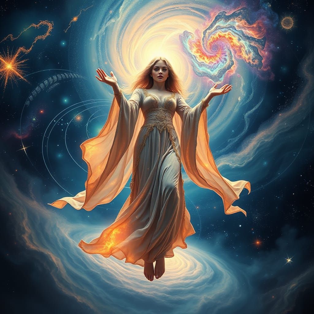 Cosmic Sorceress Unveils Mystical Vortex in Iridescent Robes