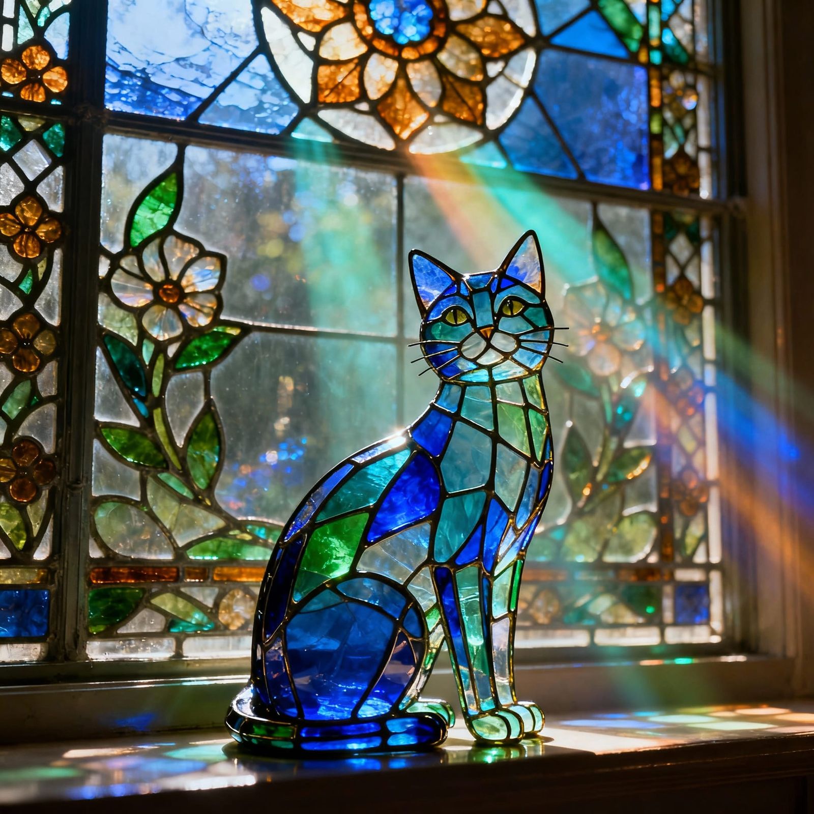 Stained Glass Cat Sculpture with Floral Window