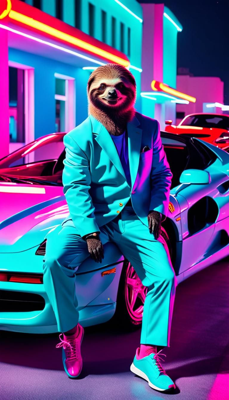 Sloth in Miami Vice Style with Ferrari