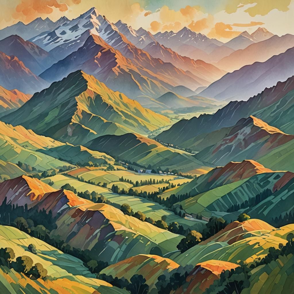 Majestic Mountain Range in Impressionist Gouache Style
