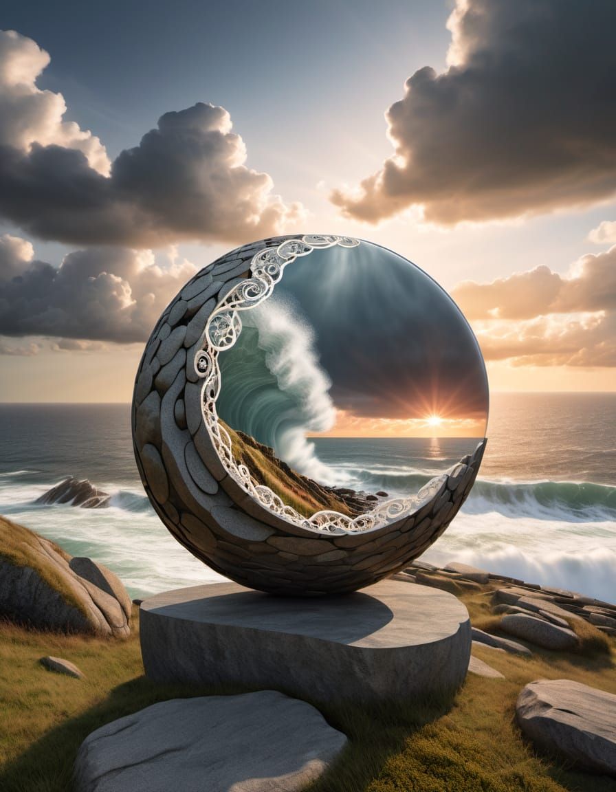 Morphostasis Multiply Embodied Barely-Contained Storm in a Stone Lace Pebble 3D Collage Sculpture Under Knitted Living C...