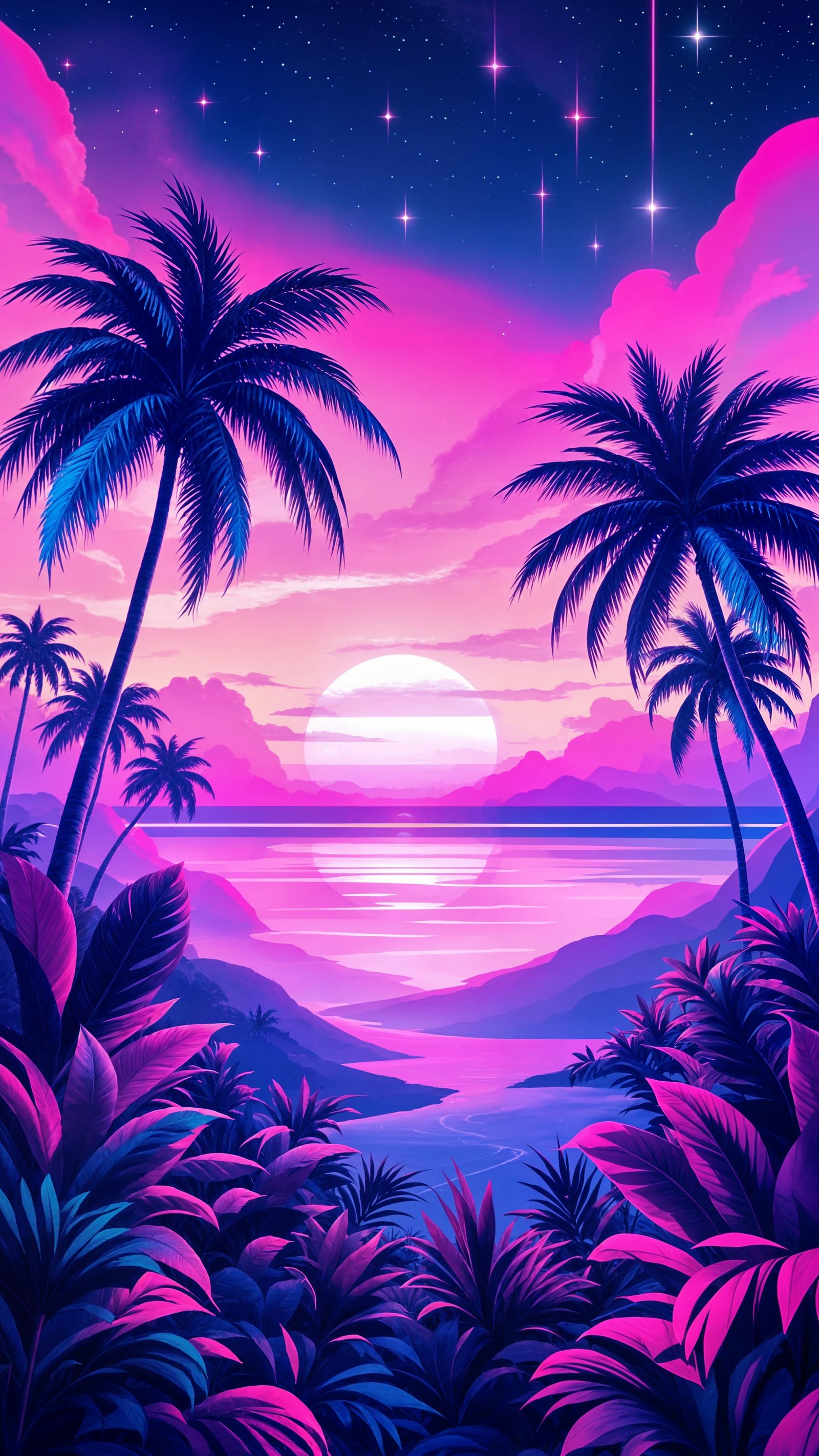 Neon Tropical Paradise with Futuristic Sunset