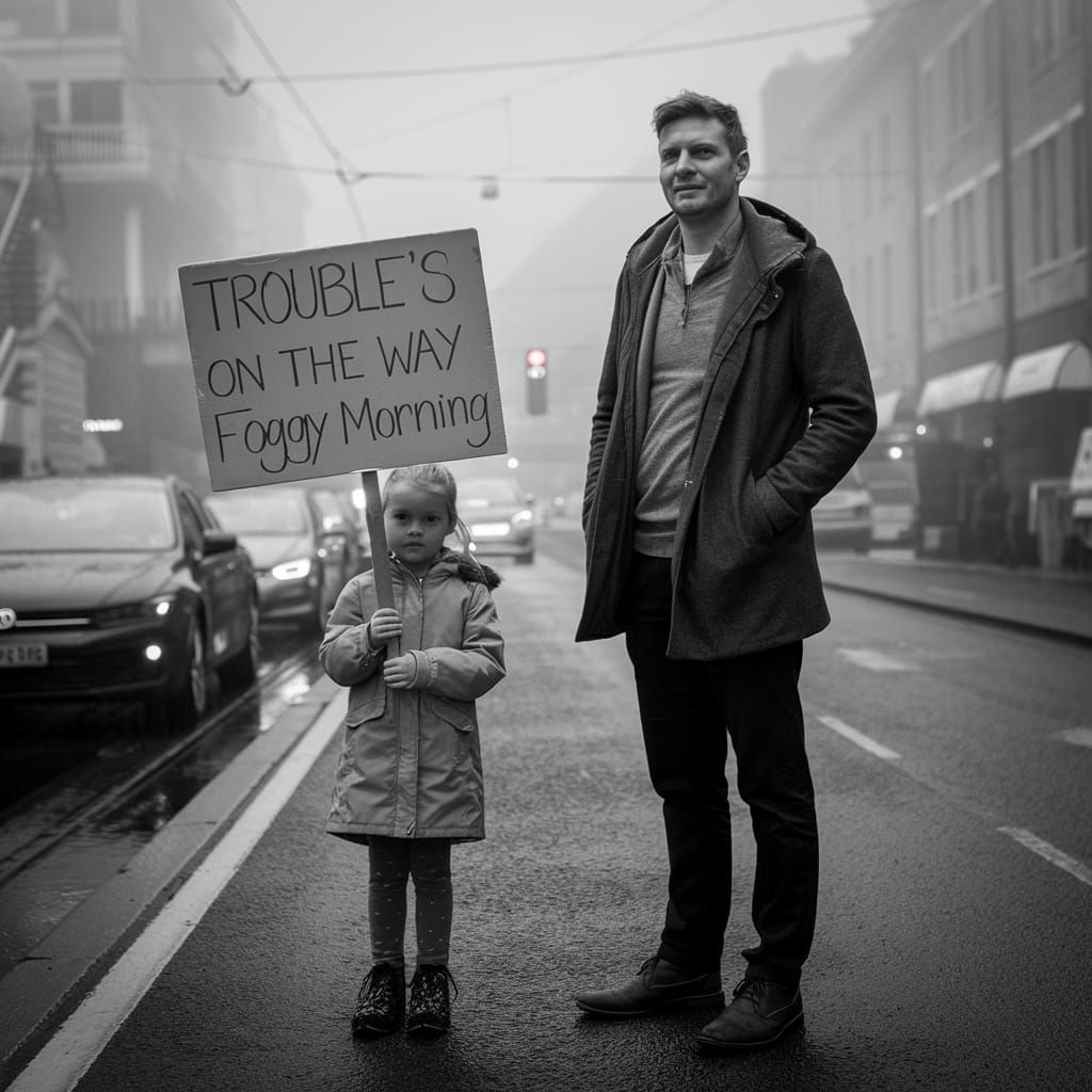 Man and Girl with Sign on Foggy Street