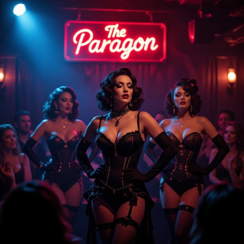 Goth Burlesque Dancers in Dimly Lit Nightclub