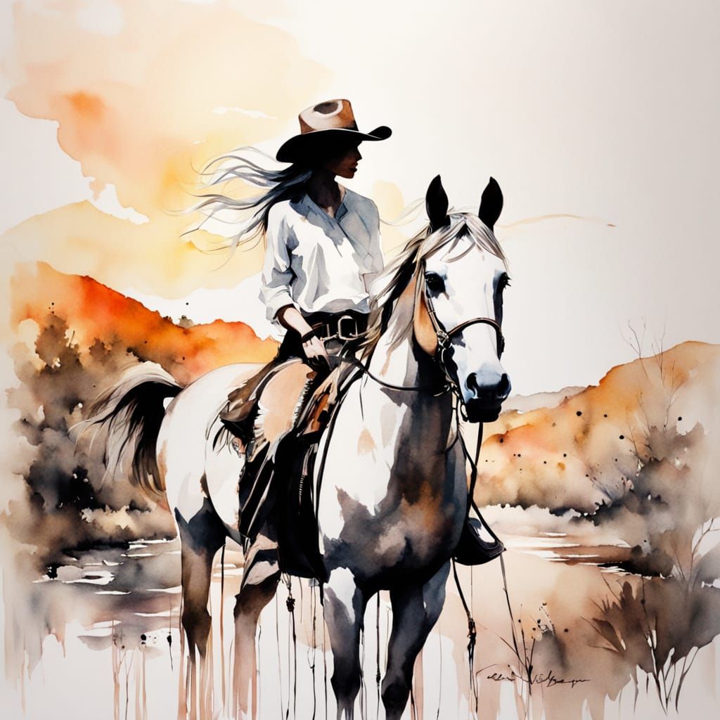Watercolor Cowgirl Riding Horse Through River in Wild West C...
