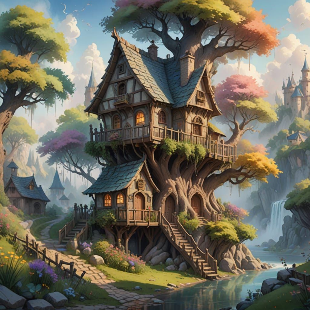 Ethereal Watercolor Treehouse in Medieval Fantasy