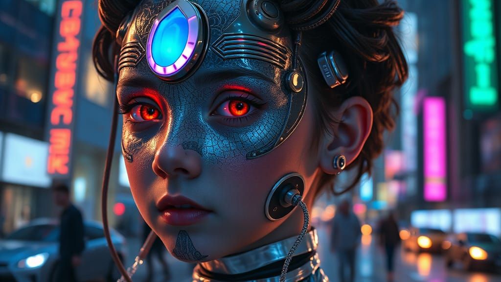 Cyborg Girl with Metallic Face in Cyberpunk Style