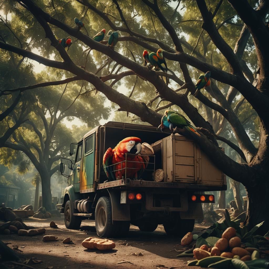 Truck with Parrot Screen: Cinematic Film Still