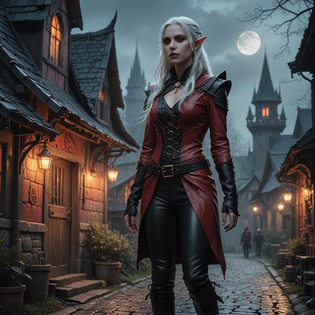 Elf Roams Spooky Town in Dark Fantasy Concept Art