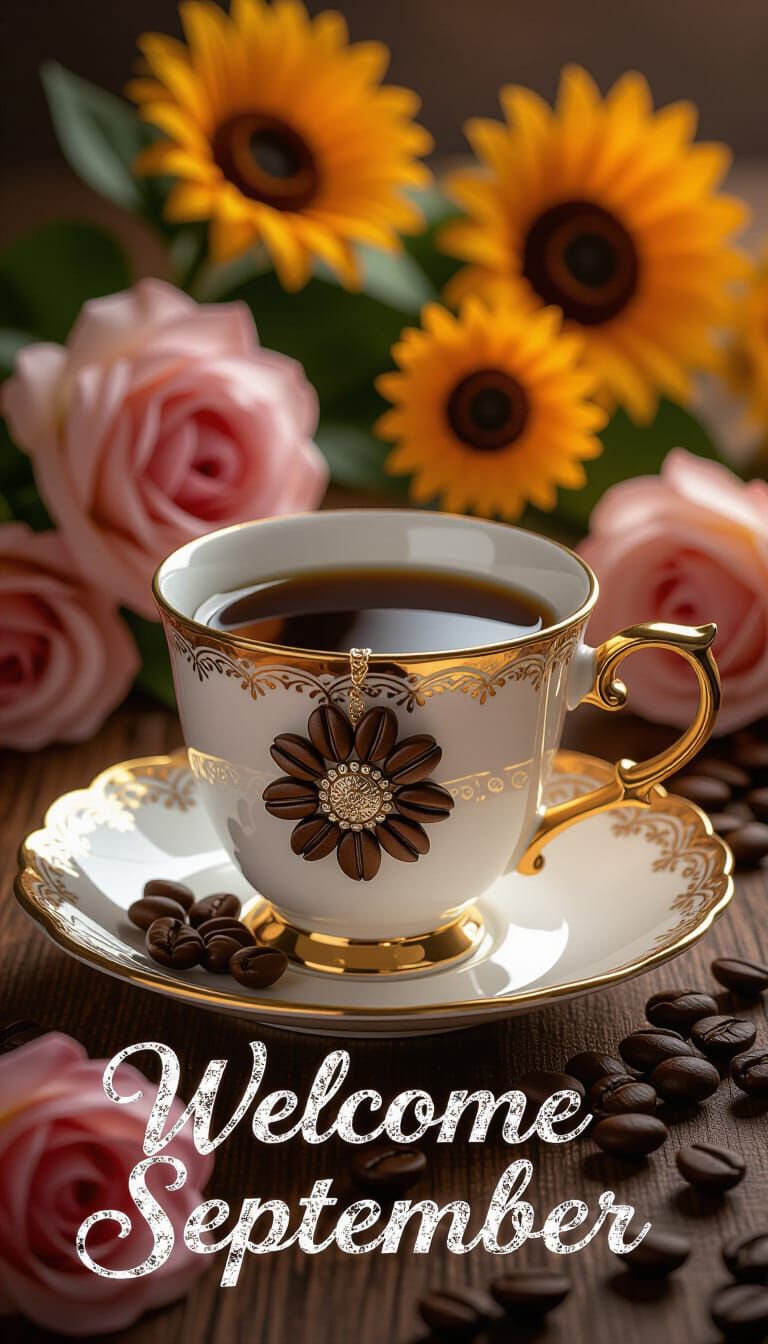 Vintage Coffee Cup with Rose and Sunflower Backdrop