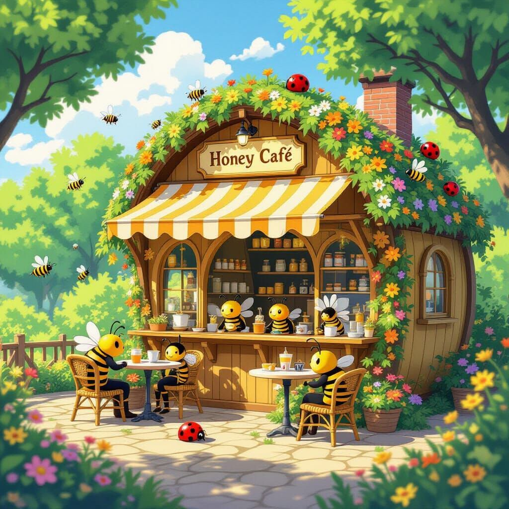 Bees Running a Flower Café in Anime Style
