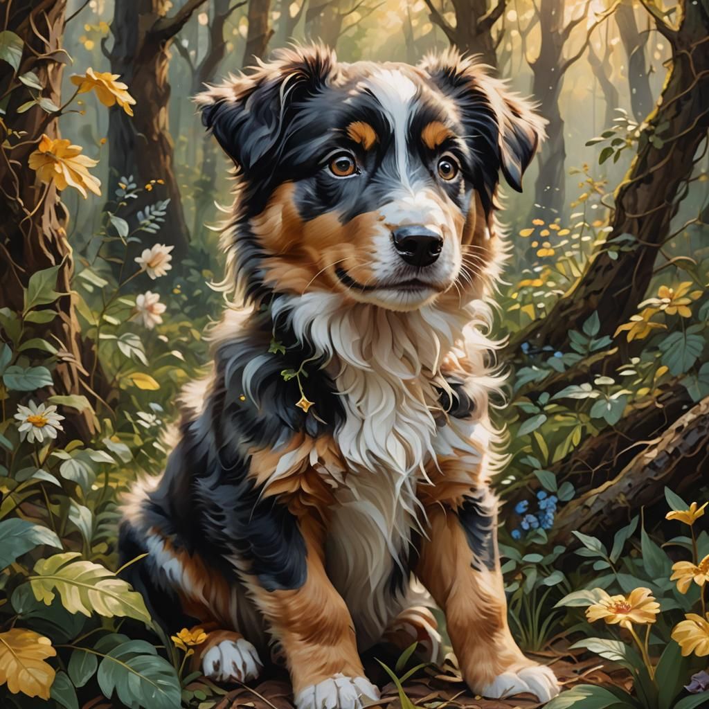 Australian Shepherd Puppy in Mystical Forest Oil Painting