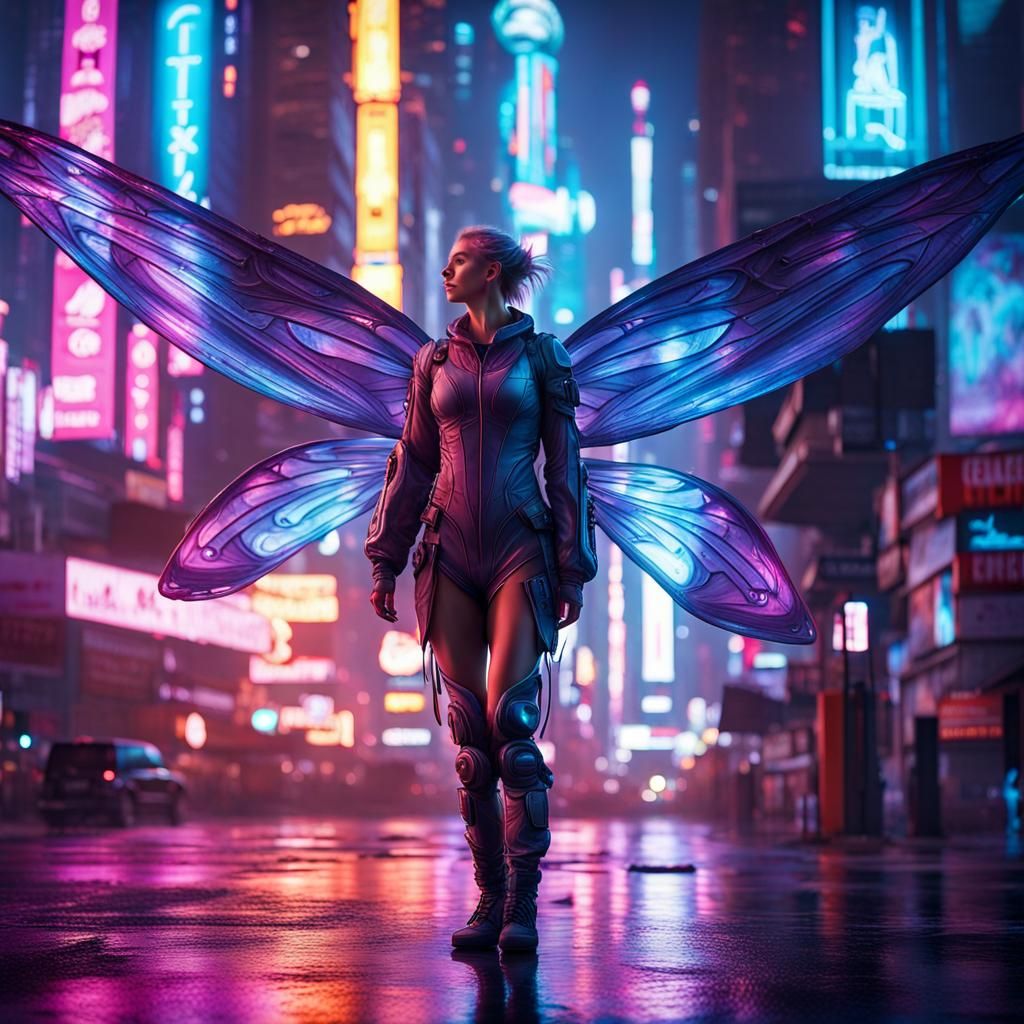 Cyberpunk Fairy in Neon Cityscape