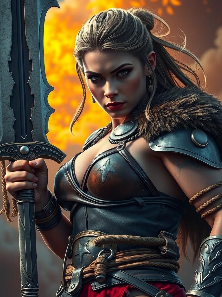 Fierce Female Barbarian with Sword, Digital Concept Art