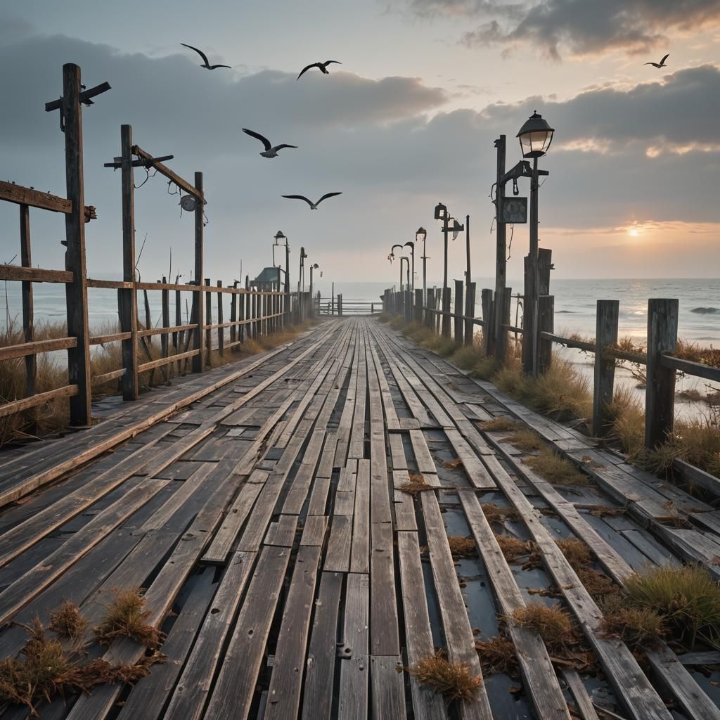 Abandoned Seaside Pier at Dawn: Hyper-Detailed Photograph