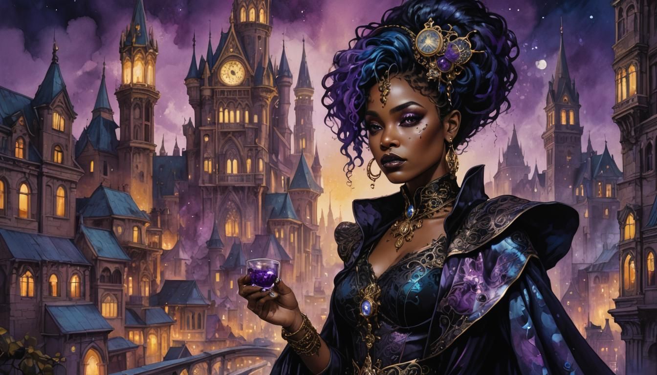 pretty black skin woman, exotic gothic magician, alcohol ink...