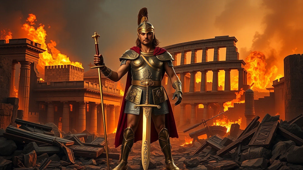 Paris of Troy in Burning Cityscape, Dramatic Lighting