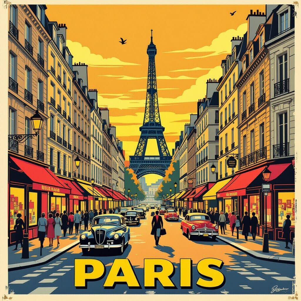 Vintage Paris Street Scene in Mid-Century Style