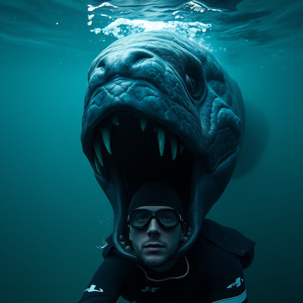 Surreal Underwater Nightmare of a Male Swimmer Confronting a...