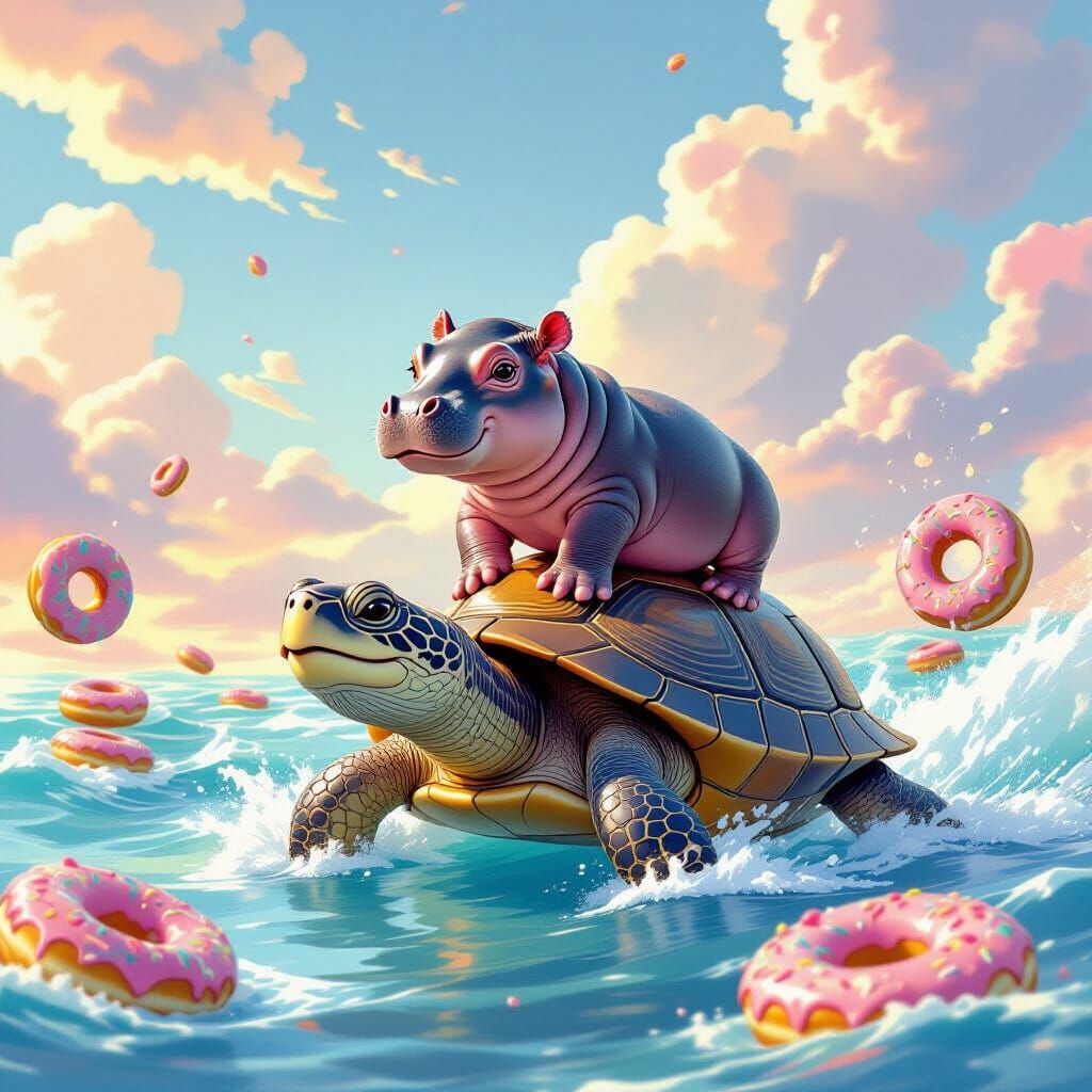 Baby Hippo Mars Rides Turtle JimBob Through Exploding Donuts