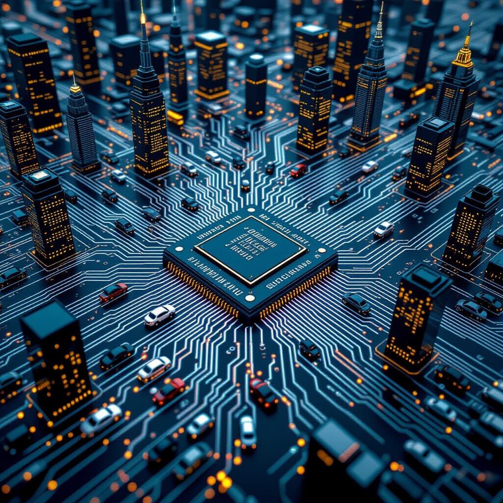 Aerial View of Circuit Board City with Microchip Skyscrapers
