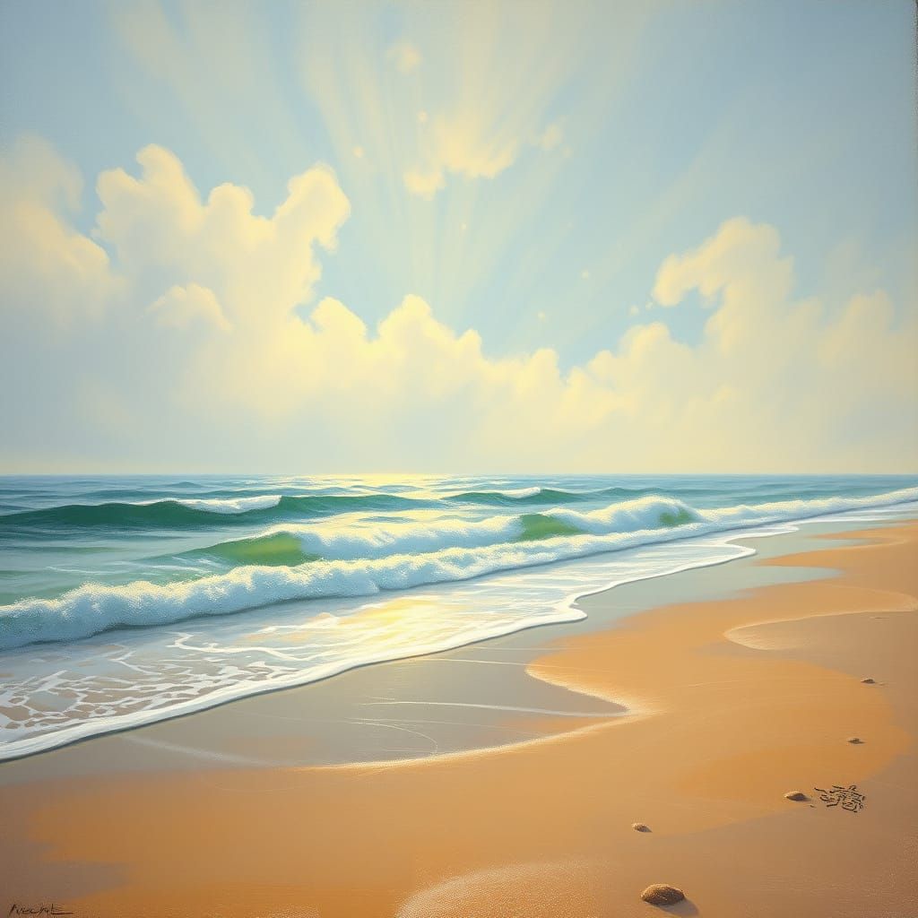 Serene Beach with Ocean Breeze, Impressionist Style