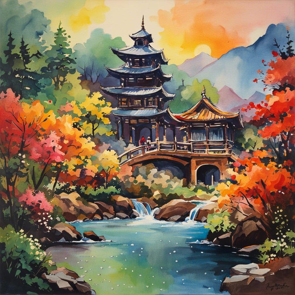 Samurai Toad Pagoda in Watercolor Splash Art