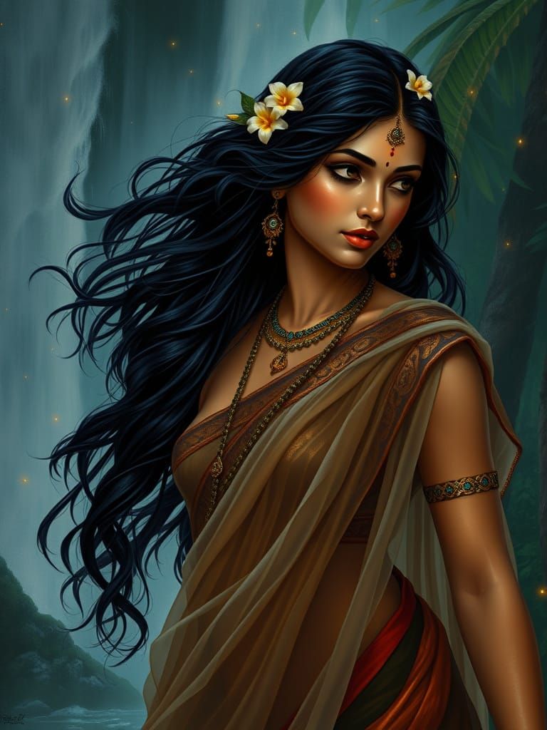 A captivating portrait of an Indian goddess with flowing bla...